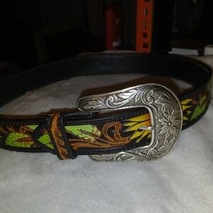 Nocona Black and Green Western Belt with Silver Buckle
